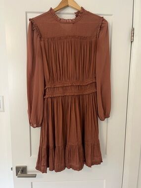 Current Air Rust Brown Smocked Yoke Pleated Long-Sleeve Mini Dress